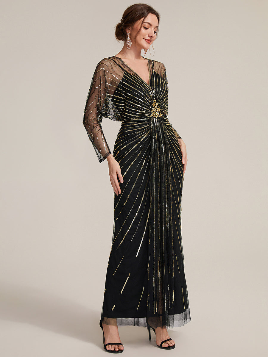 Maxilänge V-Ausschnitt Etui Kleid Aus Tüll Mit Schlitz Und Perlenbesetzt #Farbe_Schwarz & Gold