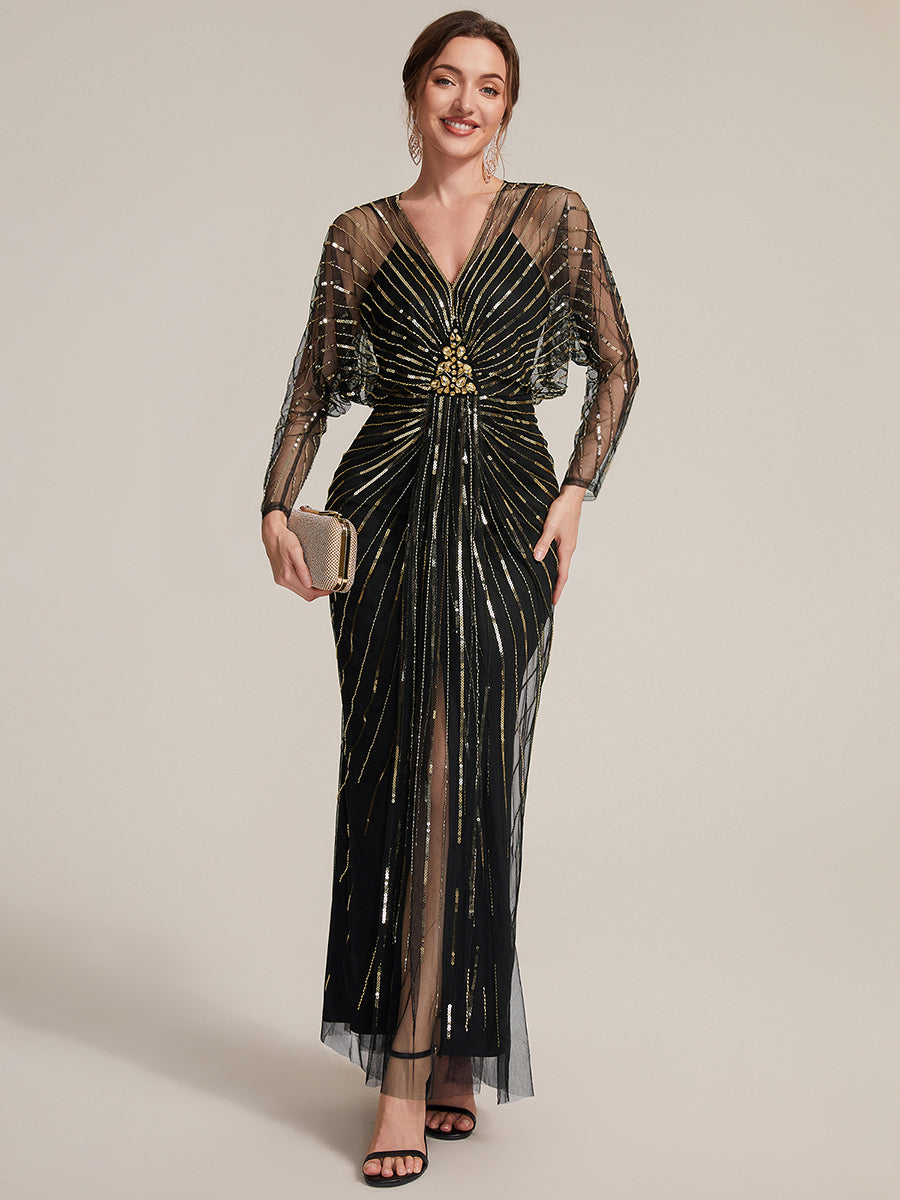 Maxilänge V-Ausschnitt Etui Kleid Aus Tüll Mit Schlitz Und Perlenbesetzt #Farbe_Schwarz & Gold