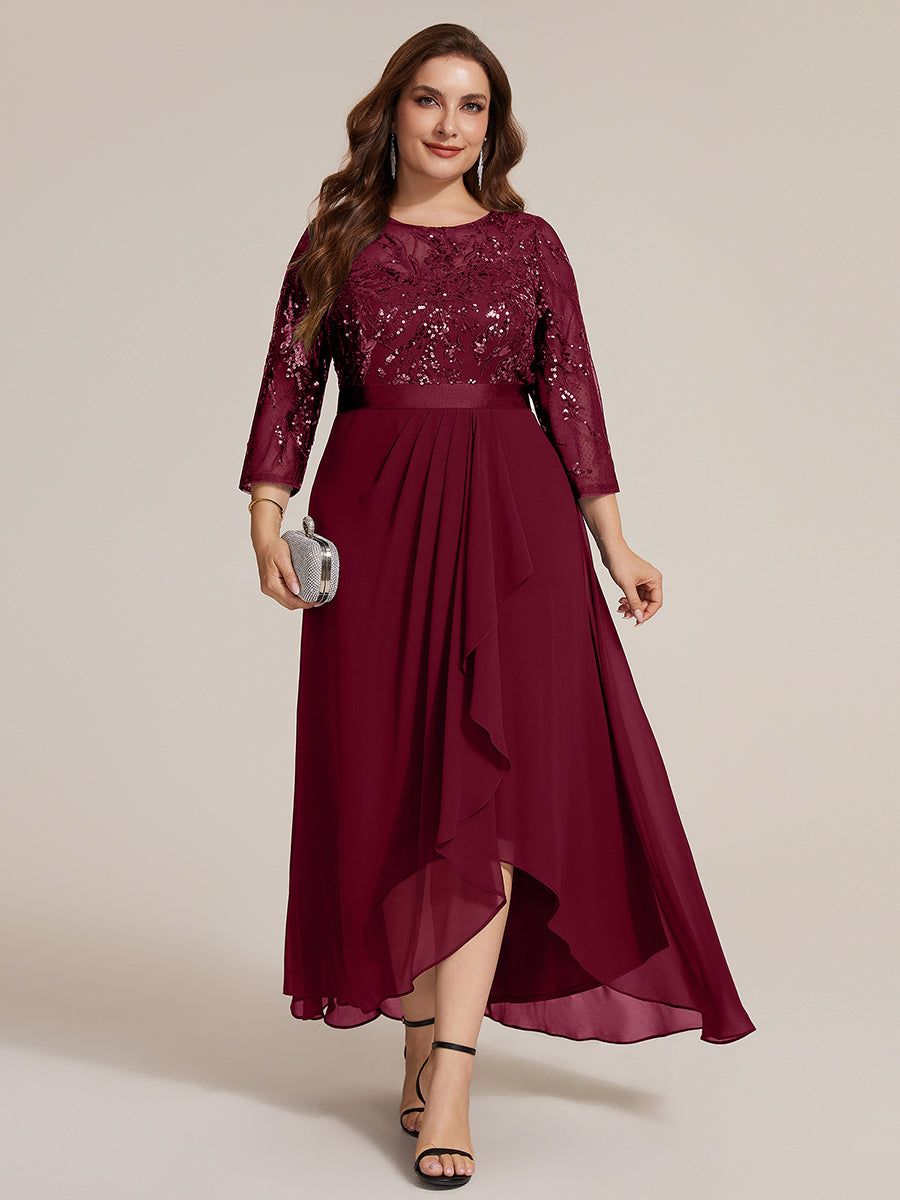 Asymmetrischer Saum Kleid Runder Ausschnitt Pailletten Transparent Schlitz Design #Farbe_Burgunderrot
