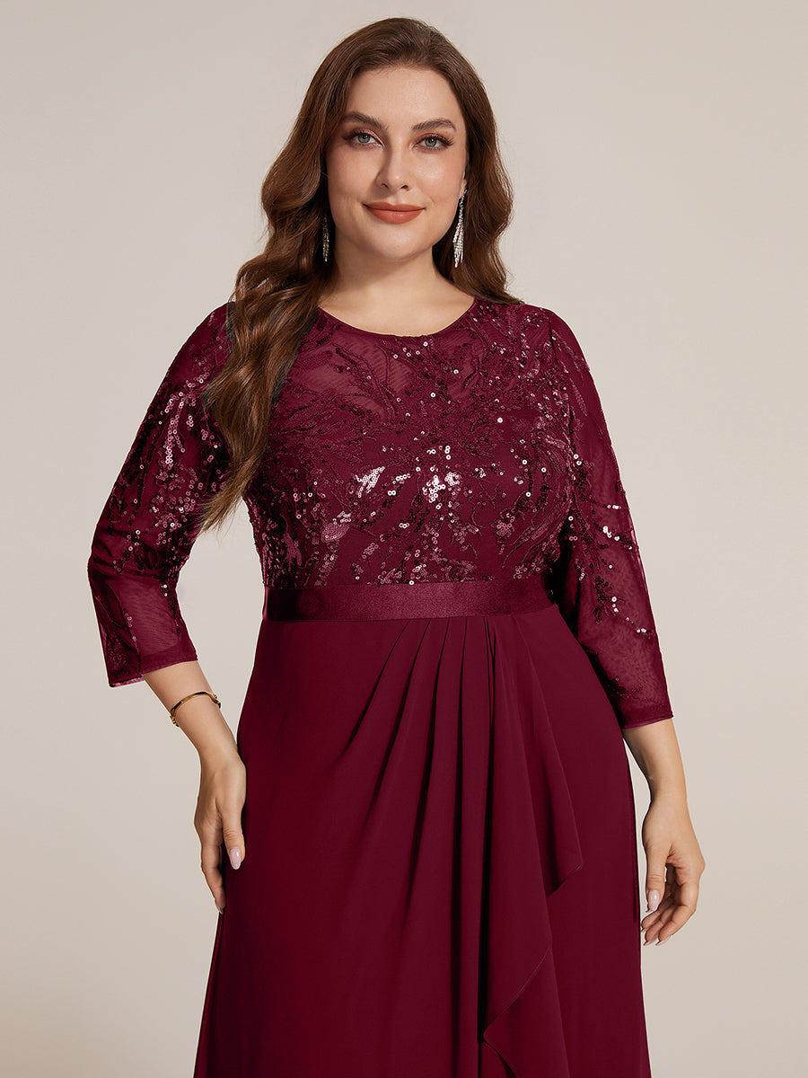 Asymmetrischer Saum Kleid Runder Ausschnitt Pailletten Transparent Schlitz Design #Farbe_Burgunderrot