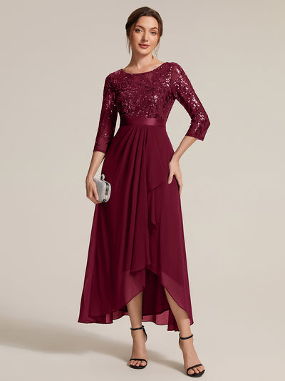 Asymmetrischer Saum Kleid Runder Ausschnitt Pailletten Transparent Schlitz Design #Farbe_Burgunderrot