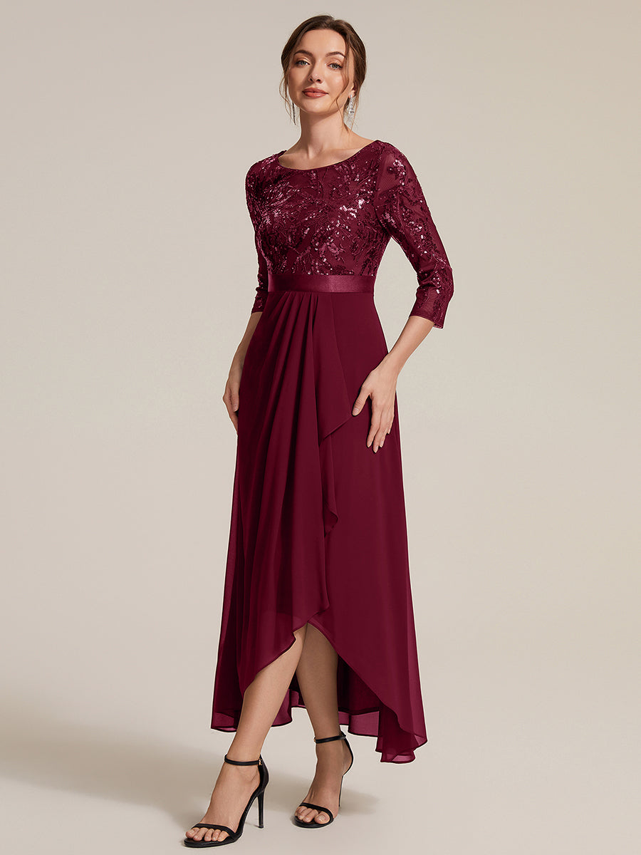 Asymmetrischer Saum Kleid Runder Ausschnitt Pailletten Transparent Schlitz Design #Farbe_Burgunderrot