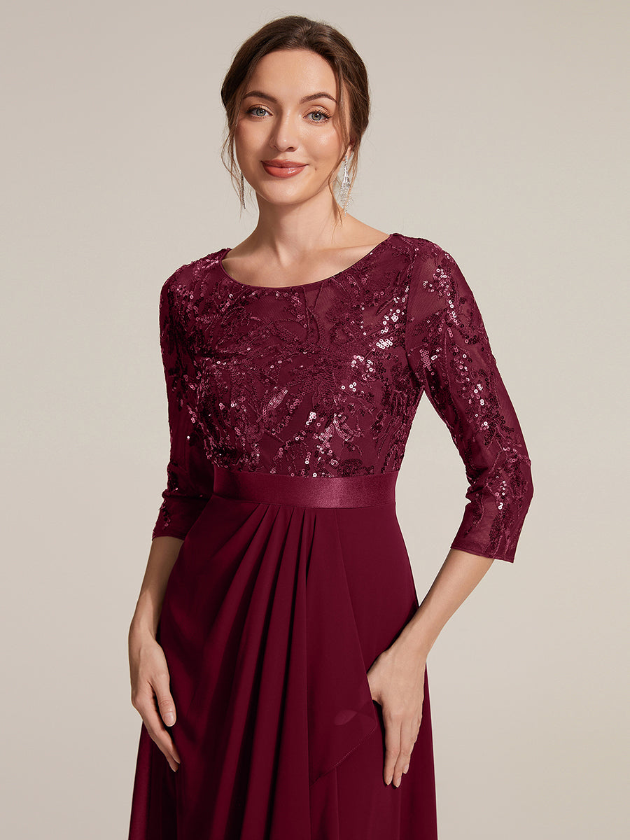 Asymmetrischer Saum Kleid Runder Ausschnitt Pailletten Transparent Schlitz Design #Farbe_Burgunderrot