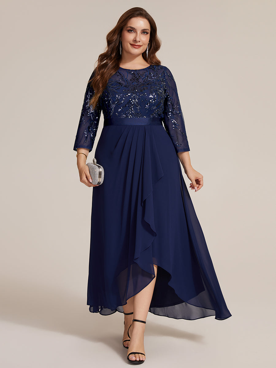 Asymmetrischer Saum Kleid Runder Ausschnitt Pailletten Transparent Schlitz Design #Farbe_Marineblau