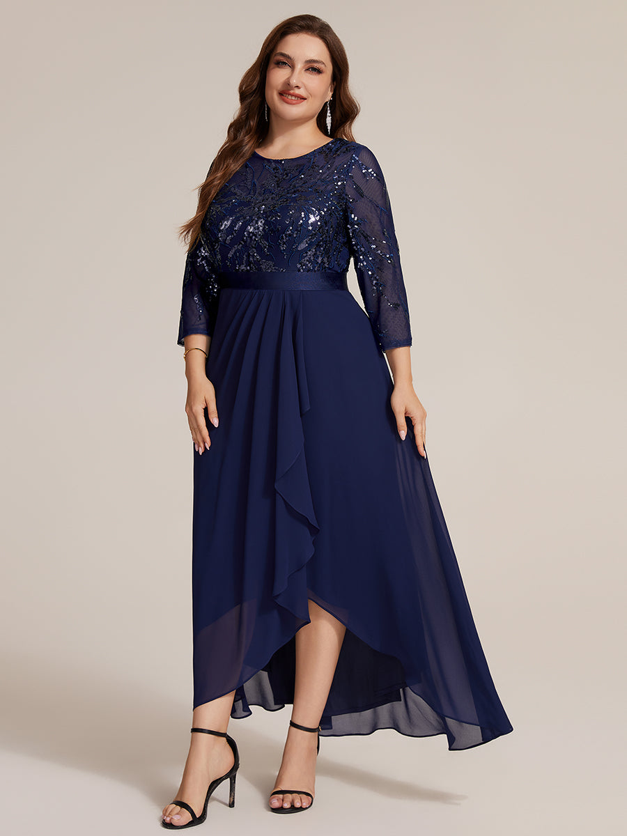 Asymmetrischer Saum Kleid Runder Ausschnitt Pailletten Transparent Schlitz Design #Farbe_Marineblau
