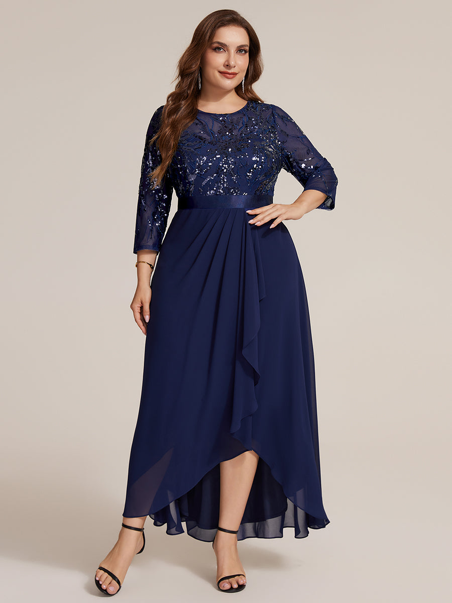 Asymmetrischer Saum Kleid Runder Ausschnitt Pailletten Transparent Schlitz Design #Farbe_Marineblau