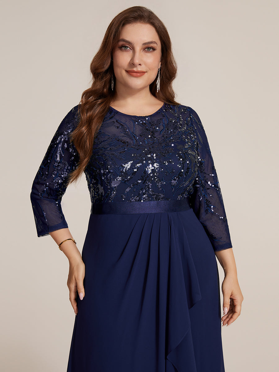 Asymmetrischer Saum Kleid Runder Ausschnitt Pailletten Transparent Schlitz Design #Farbe_Marineblau