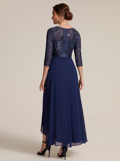 Asymmetrischer Saum Kleid Runder Ausschnitt Pailletten Transparent Schlitz Design #Farbe_Marineblau