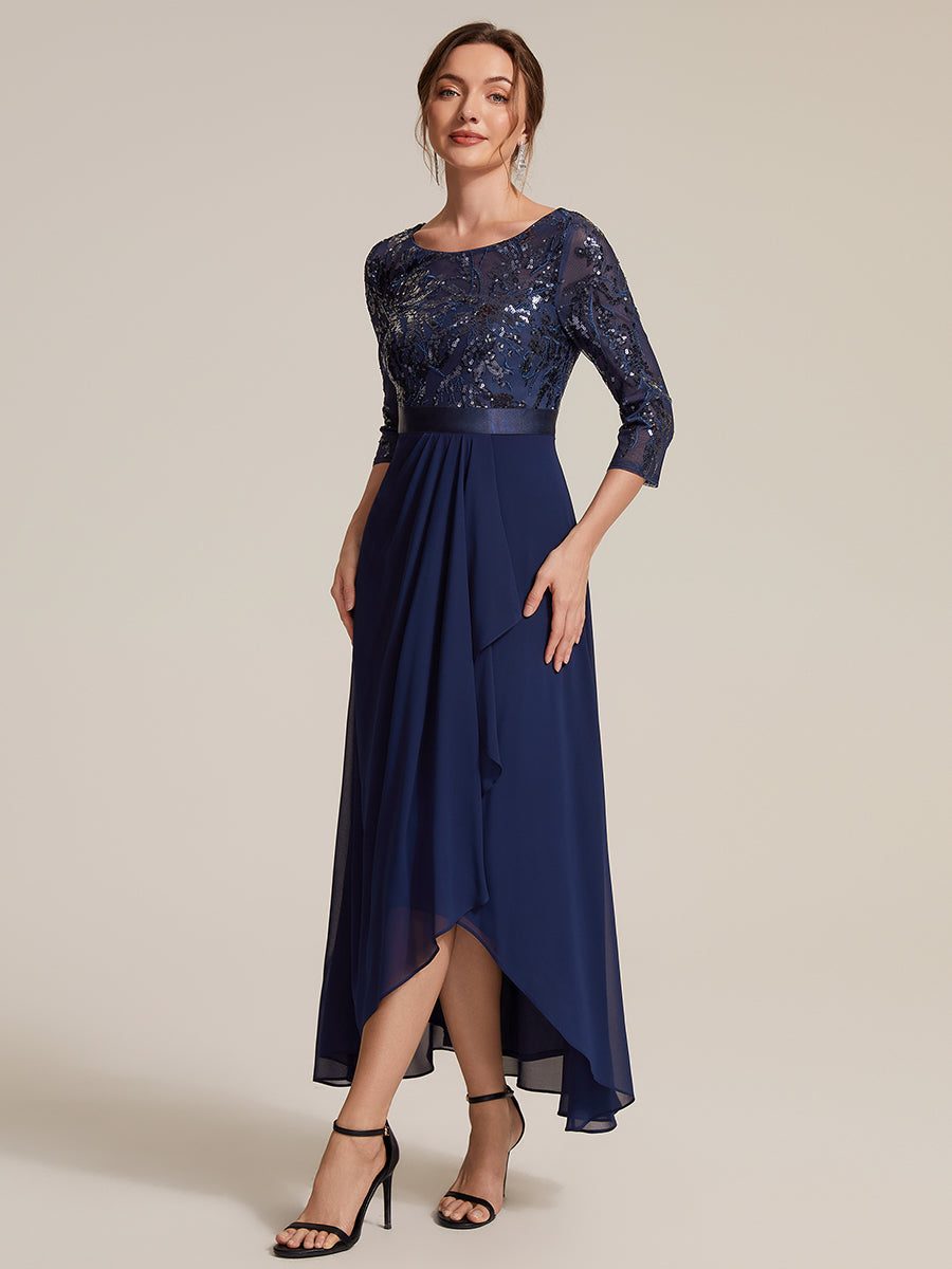 Asymmetrischer Saum Kleid Runder Ausschnitt Pailletten Transparent Schlitz Design #Farbe_Marineblau