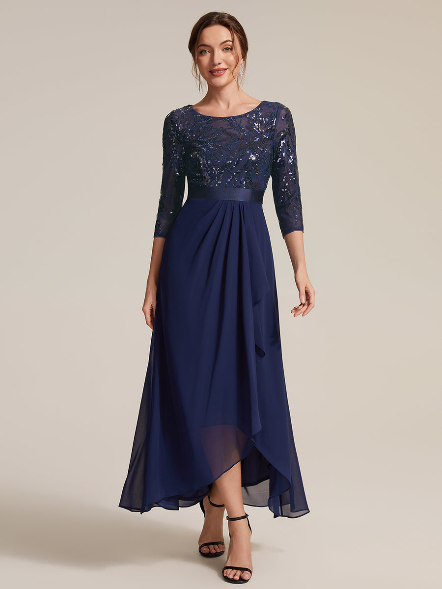 Asymmetrischer Saum Kleid Runder Ausschnitt Pailletten Transparent Schlitz Design #Farbe_Marineblau