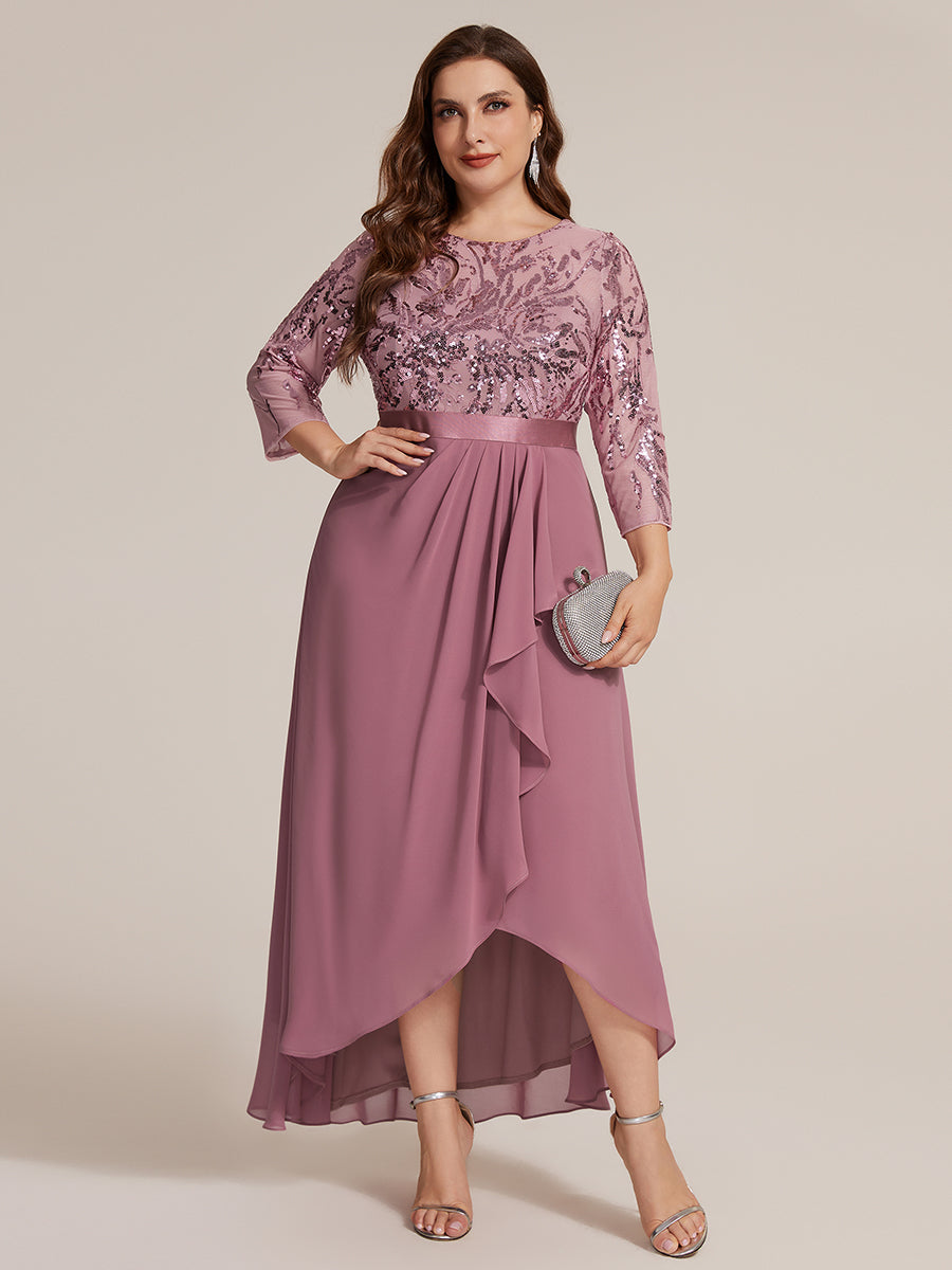 Asymmetrischer Saum Kleid Runder Ausschnitt Pailletten Transparent Schlitz Design #Farbe_Orchideenviolett