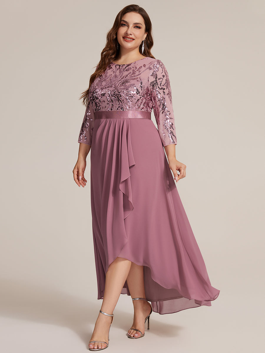 Asymmetrischer Saum Kleid Runder Ausschnitt Pailletten Transparent Schlitz Design #Farbe_Orchideenviolett