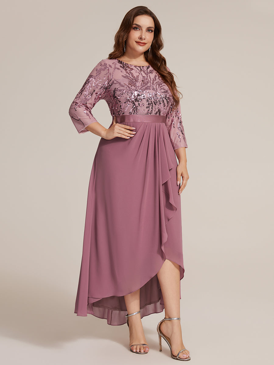 Asymmetrischer Saum Kleid Runder Ausschnitt Pailletten Transparent Schlitz Design #Farbe_Orchideenviolett