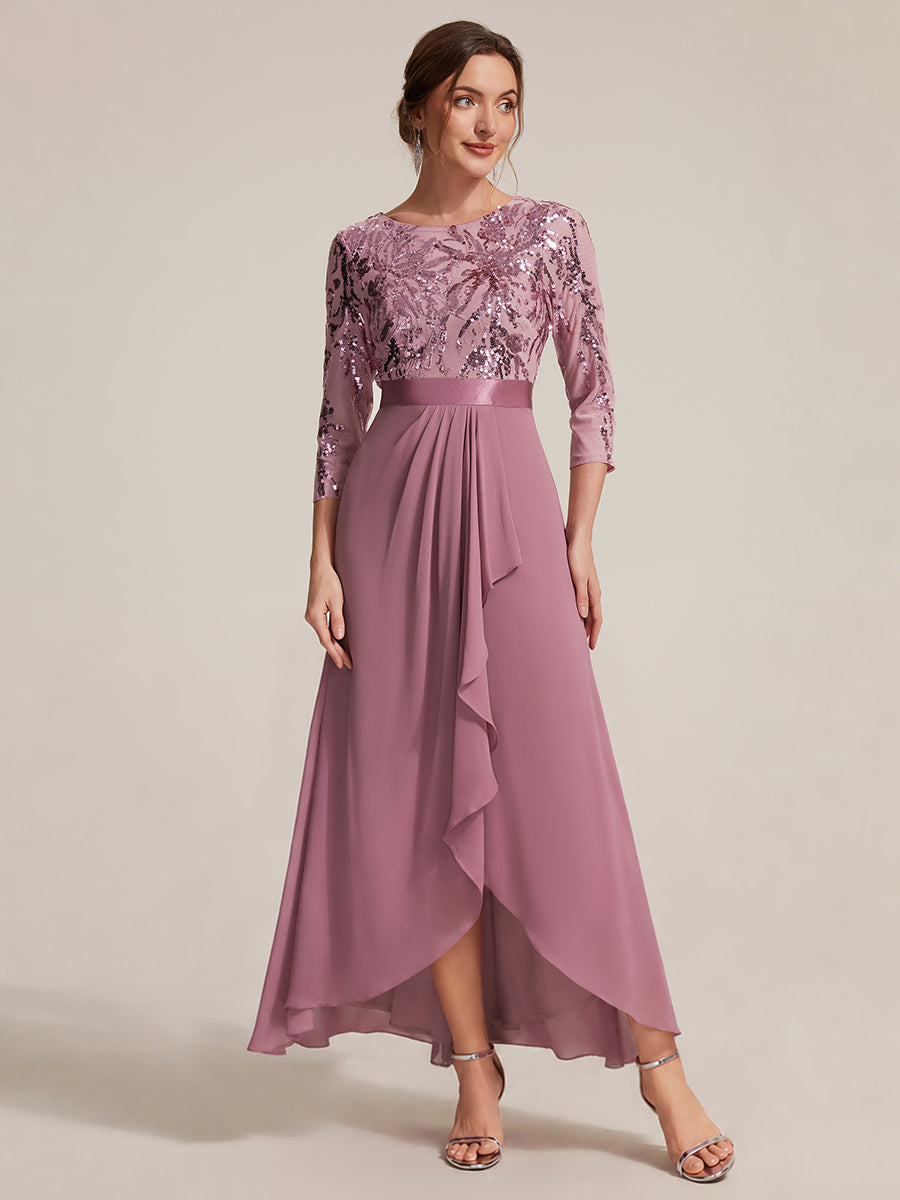 Asymmetrischer Saum Kleid Runder Ausschnitt Pailletten Transparent Schlitz Design #Farbe_Orchideenviolett