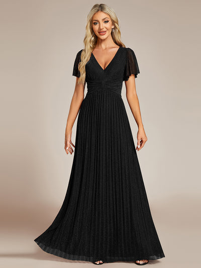 Bodenlanger V-Ausschnitt A-Linie Mesh Kleid Mit Falten Details Elegantes Abendkleid #Farbe_Schwarz