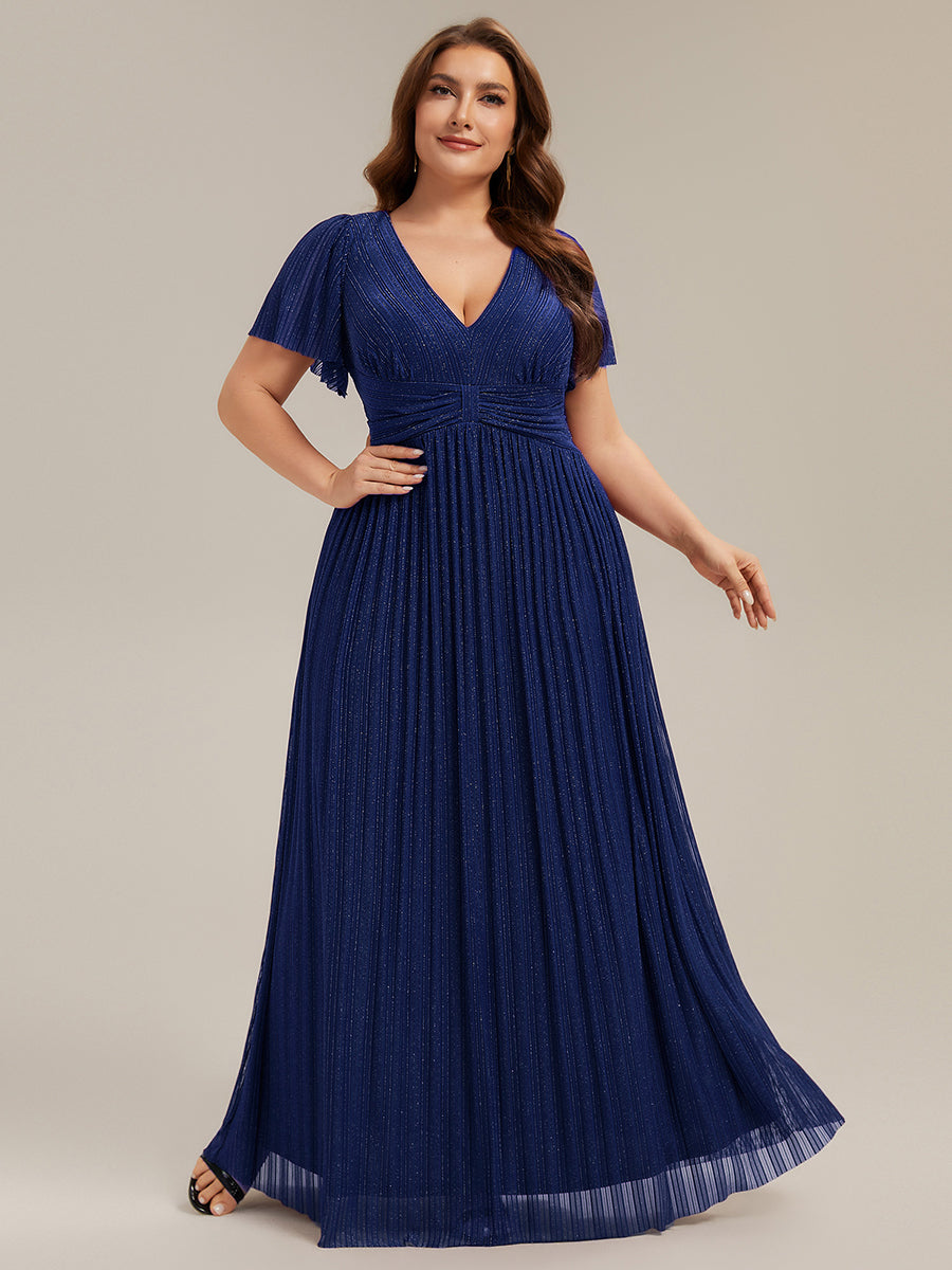 Bodenlanger V-Ausschnitt A-Linie Mesh Kleid Mit Falten Details Elegantes Abendkleid #Farbe_Marineblau