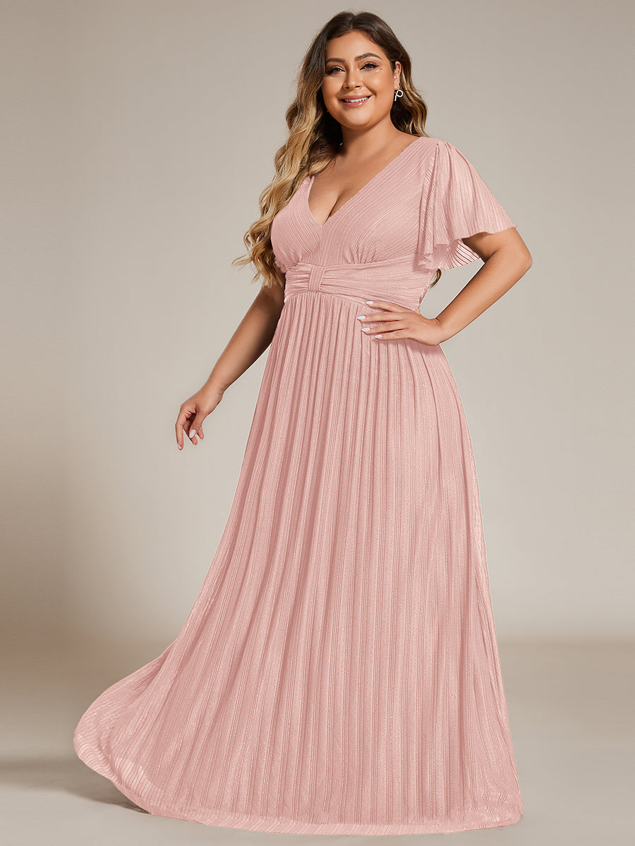 Bodenlanger V-Ausschnitt A-Linie Mesh Kleid Mit Falten Details Elegantes Abendkleid #Farbe_Pink