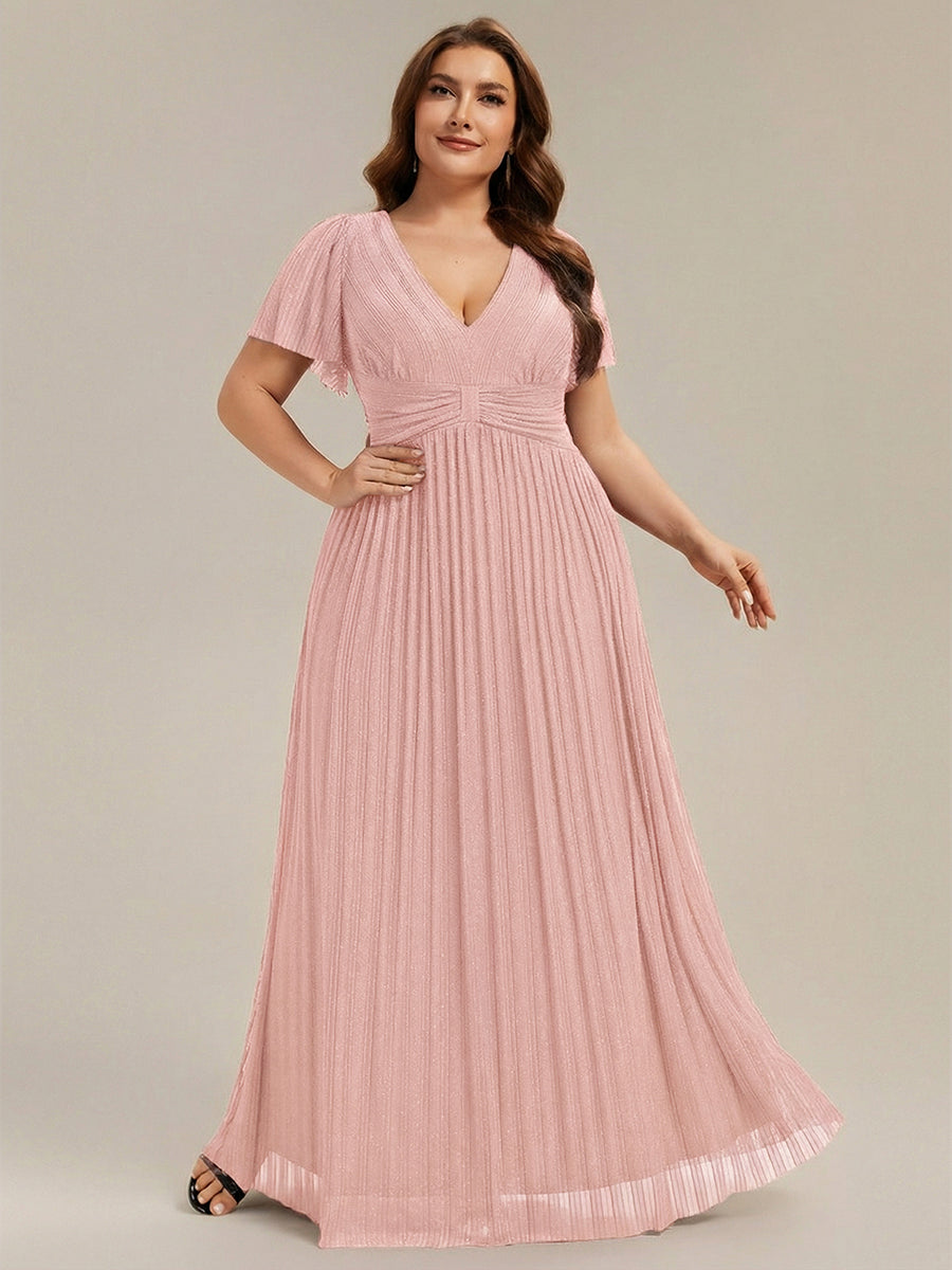 Bodenlanger V-Ausschnitt A-Linie Mesh Kleid Mit Falten Details Elegantes Abendkleid #Farbe_Pink