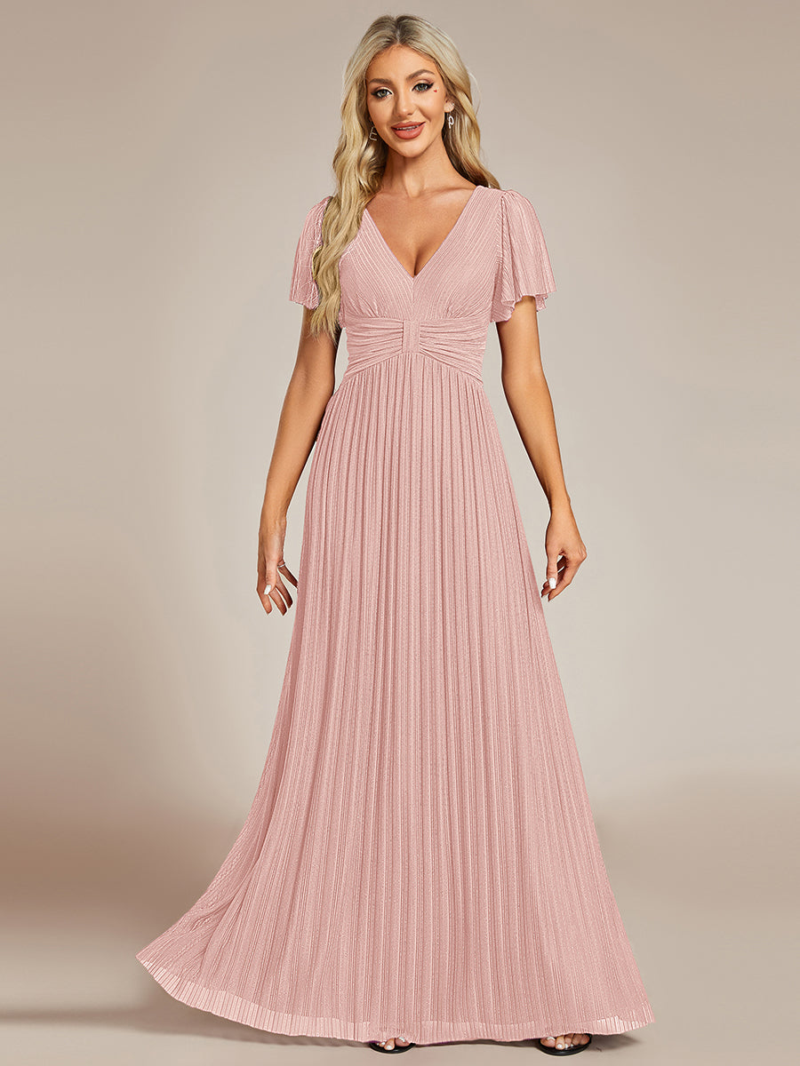 Bodenlanger V-Ausschnitt A-Linie Mesh Kleid Mit Falten Details Elegantes Abendkleid #Farbe_Pink