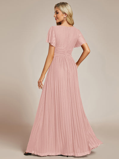 Bodenlanger V-Ausschnitt A-Linie Mesh Kleid Mit Falten Details Elegantes Abendkleid #Farbe_Rosa