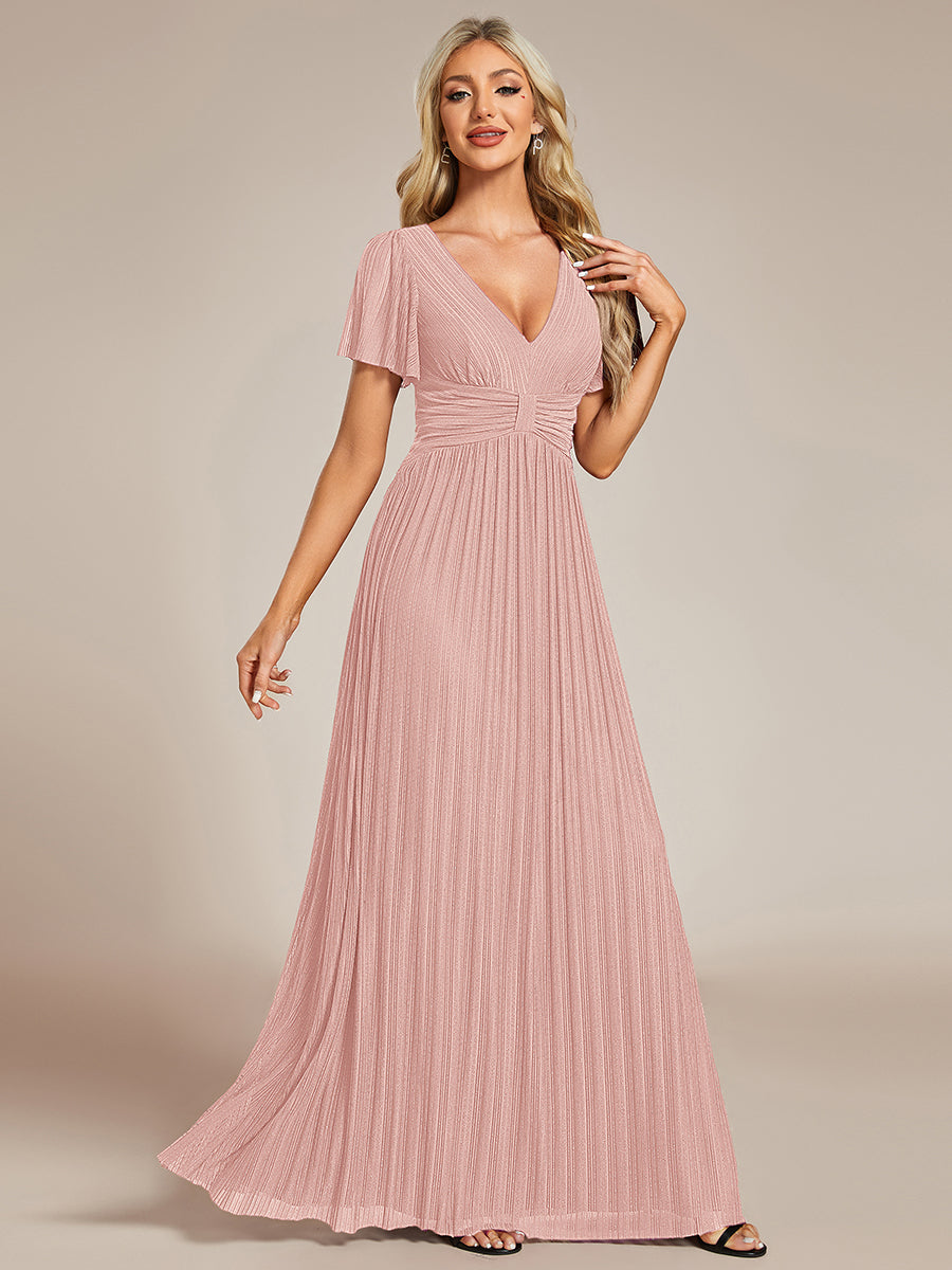 Bodenlanger V-Ausschnitt A-Linie Mesh Kleid Mit Falten Details Elegantes Abendkleid #Farbe_Pink