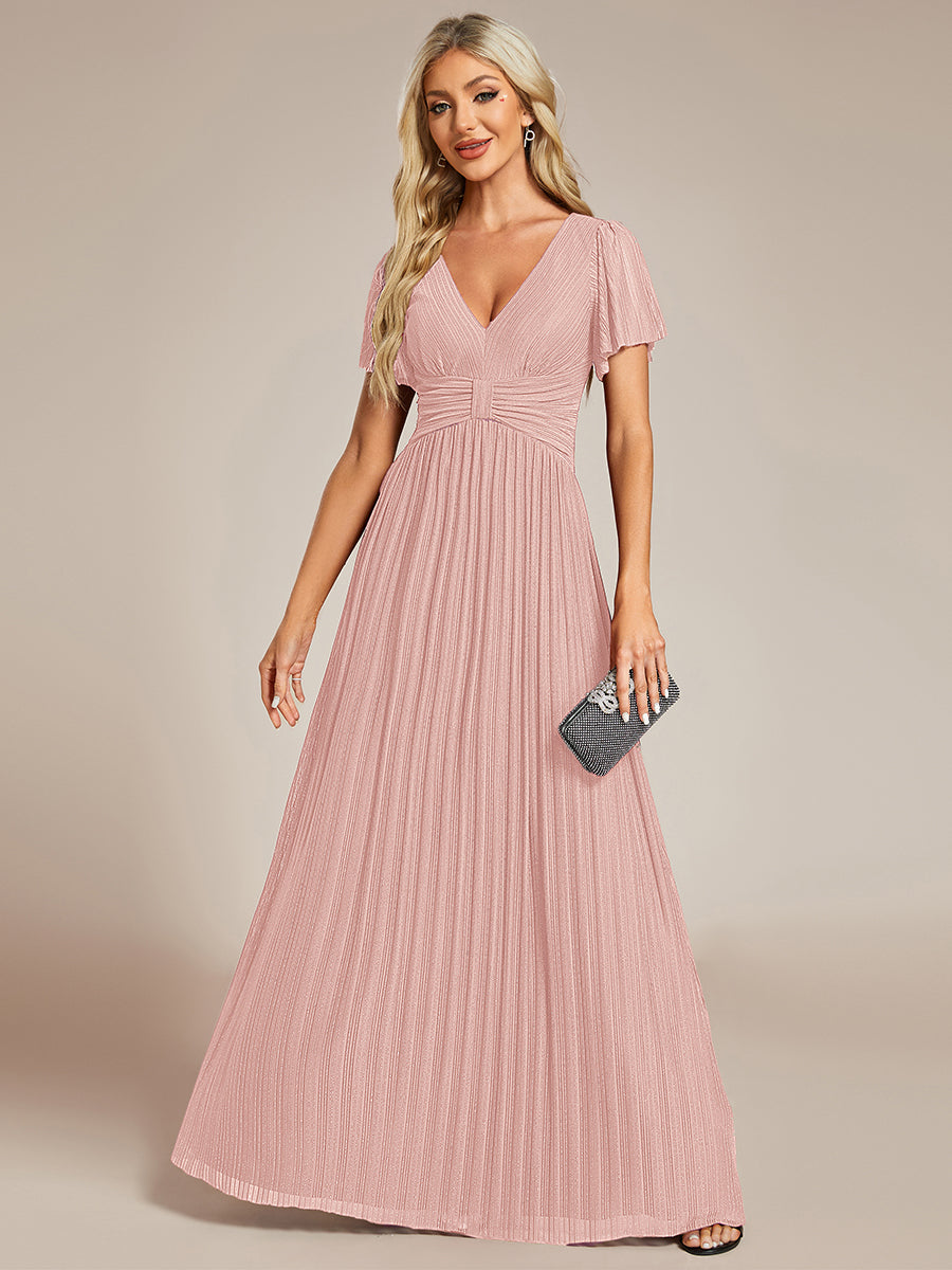 Bodenlanger V-Ausschnitt A-Linie Mesh Kleid Mit Falten Details Elegantes Abendkleid #Farbe_Pink