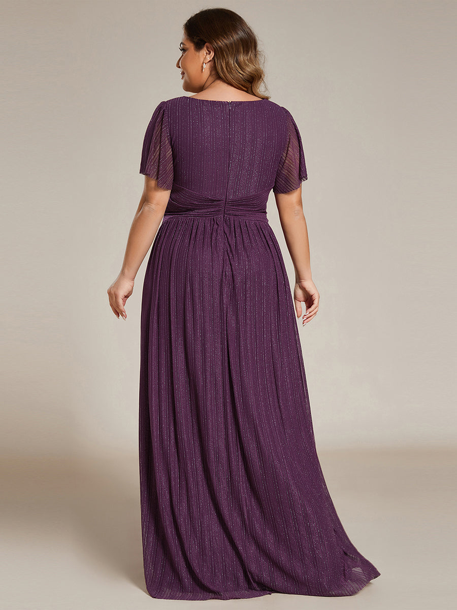 Bodenlanger V-Ausschnitt A-Linie Mesh Kleid Mit Falten Details Elegantes Abendkleid #Farbe_Glyzinienviolett