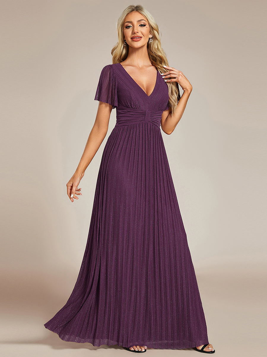 Bodenlanger V-Ausschnitt A-Linie Mesh Kleid Mit Falten Details Elegantes Abendkleid #Farbe_Glyzinienviolett