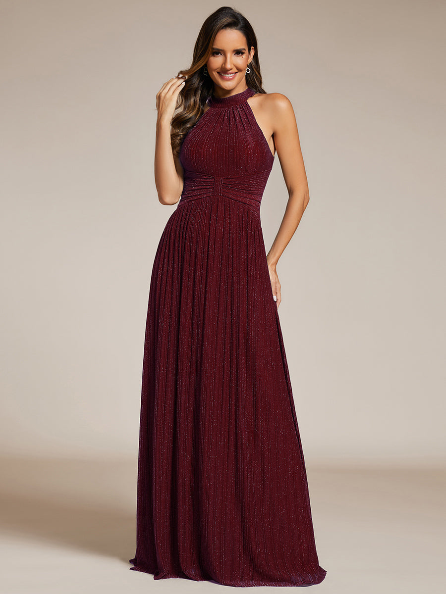 Bodenlanger Halterneck A-Linie Mesh Kleid Mit Tiefem V-Ausschnitt Eleganz Kleid #Farbe_Burgunderrot