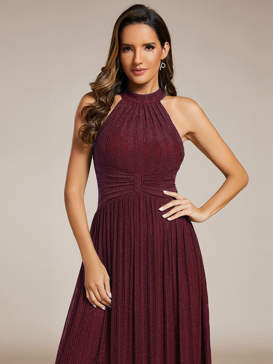 Bodenlanger Halterneck A-Linie Mesh Kleid Mit Tiefem V-Ausschnitt Eleganz Kleid #Farbe_Burgunderrot