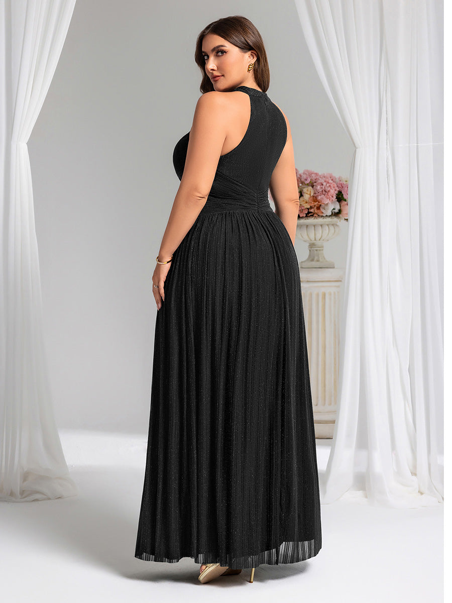 Bodenlanger Halterneck A-Linie Mesh Kleid Mit Tiefem V-Ausschnitt Eleganz Kleid #Farbe_Schwarz