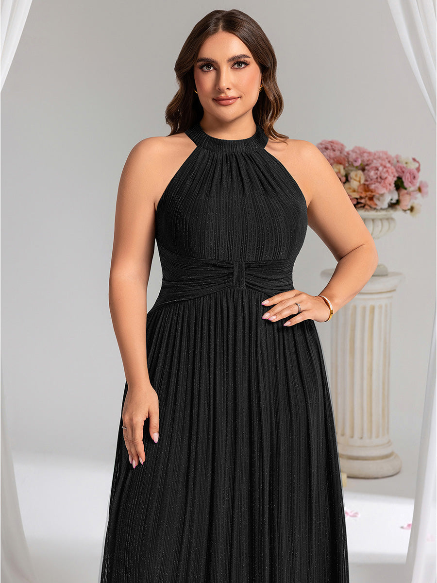 Bodenlanger Halterneck A-Linie Mesh Kleid Mit Tiefem V-Ausschnitt Eleganz Kleid #Farbe_Schwarz