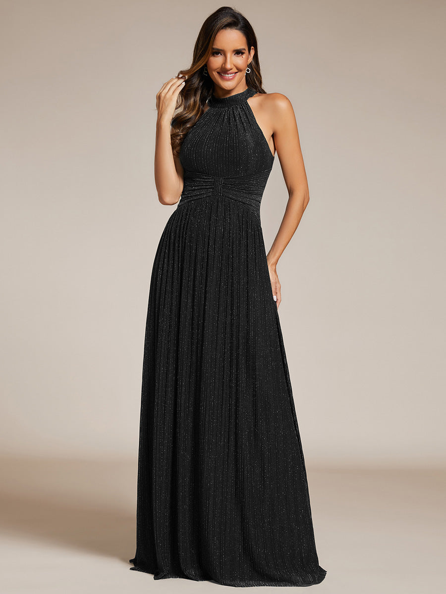 Bodenlanger Halterneck A-Linie Mesh Kleid Mit Tiefem V-Ausschnitt Eleganz Kleid #Farbe_Schwarz