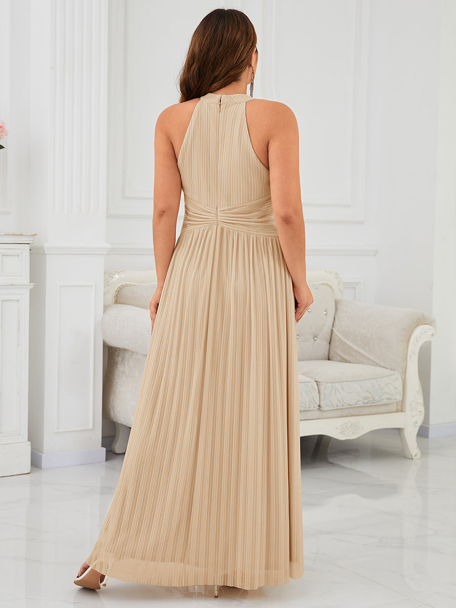 Bodenlanger Halterneck A-Linie Mesh Kleid Mit Tiefem V-Ausschnitt Eleganz Kleid #Farbe_Champagner