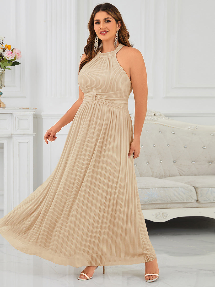 Bodenlanger Halterneck A-Linie Mesh Kleid Mit Tiefem V-Ausschnitt Eleganz Kleid #Farbe_Champagner
