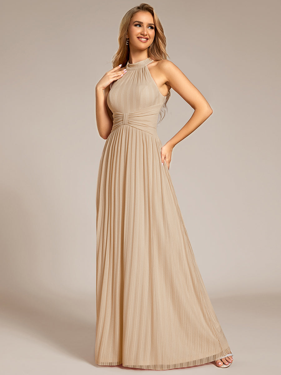 Bodenlanger Halterneck A-Linie Mesh Kleid Mit Tiefem V-Ausschnitt Eleganz Kleid #Farbe_Champagner