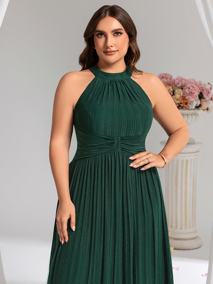 Bodenlanger Halterneck A-Linie Mesh Kleid Mit Tiefem V-Ausschnitt Eleganz Kleid #Farbe_Dunkelgrün