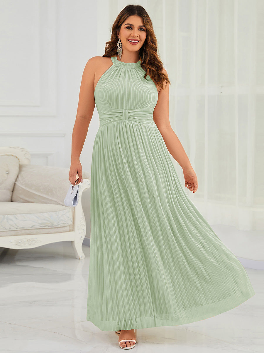 Bodenlanger Halterneck A-Linie Mesh Kleid Mit Tiefem V-Ausschnitt Eleganz Kleid #Farbe_Mintgrün