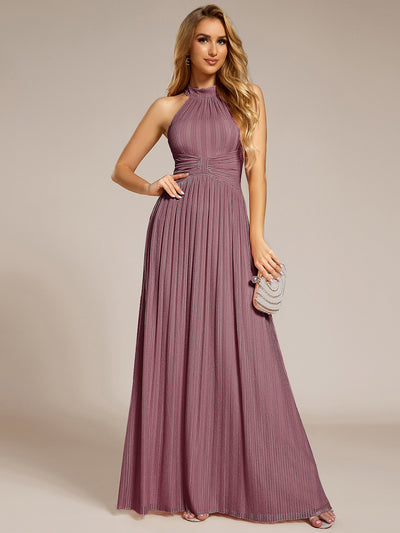 Bodenlanger Halterneck A-Linie Mesh Kleid Mit Tiefem V-Ausschnitt Eleganz Kleid #Farbe_Orchideenviolett