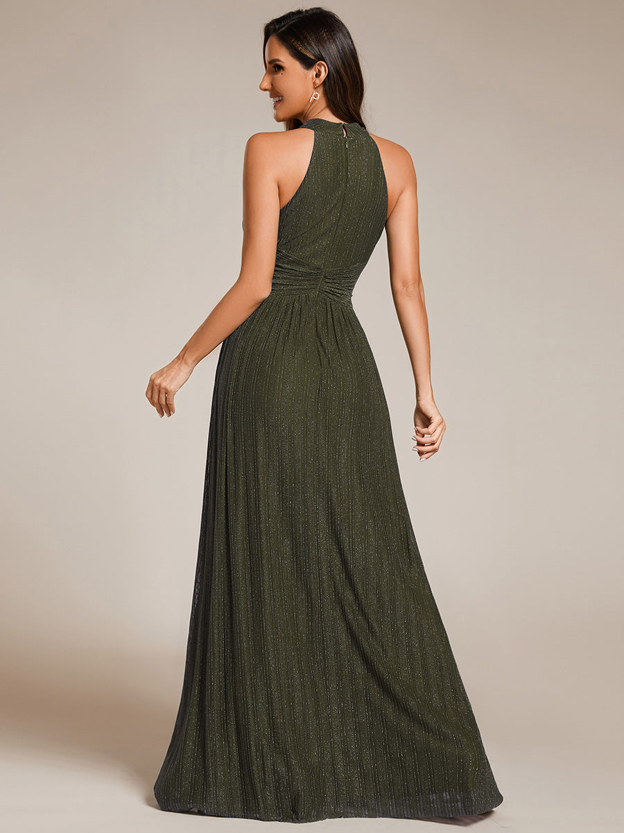 Bodenlanger Halterneck A-Linie Mesh Kleid Mit Tiefem V-Ausschnitt Eleganz Kleid #Farbe_Olivgrün