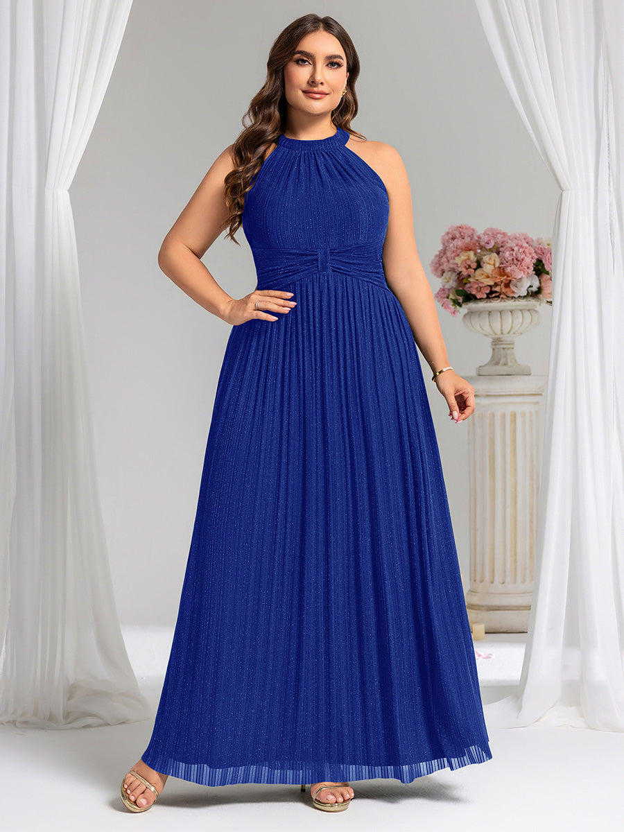 Bodenlanger Halterneck A-Linie Mesh Kleid Mit Tiefem V-Ausschnitt Eleganz Kleid #Farbe_Saphirblau
