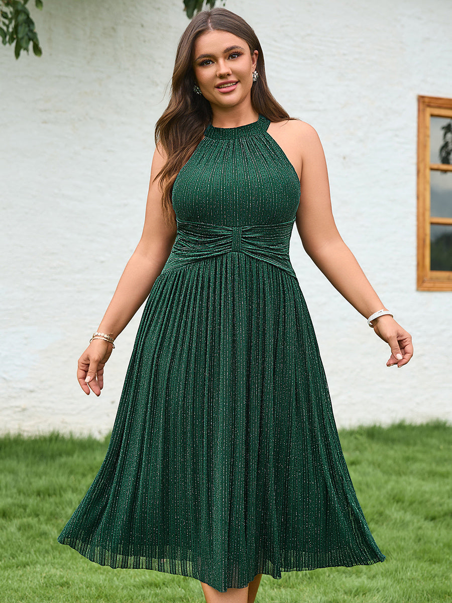 Midi Und Tea Länge Halterneck A Linie Mesh Kleid Mit Elegantem Design Und Bequemem Sitz #Farbe_Dunkelgrün