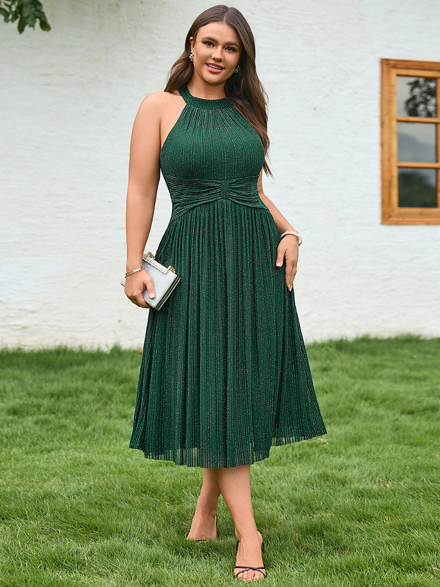 Midi Und Tea Länge Halterneck A Linie Mesh Kleid Mit Elegantem Design Und Bequemem Sitz #Farbe_Dunkelgrün