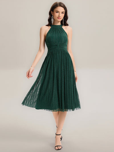 Midi Und Tea Länge Halterneck A Linie Mesh Kleid Mit Elegantem Design Und Bequemem Sitz #Farbe_Dunkelgrün