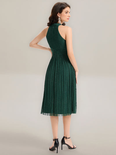 Midi Und Tea Länge Halterneck A Linie Mesh Kleid Mit Elegantem Design Und Bequemem Sitz #Farbe_Dunkelgrün