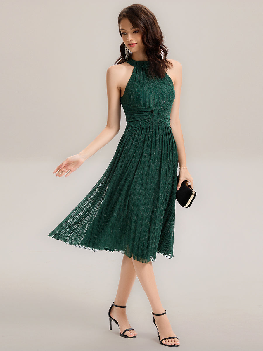 Midi Und Tea Länge Halterneck A Linie Mesh Kleid Mit Elegantem Design Und Bequemem Sitz #Farbe_Dunkelgrün