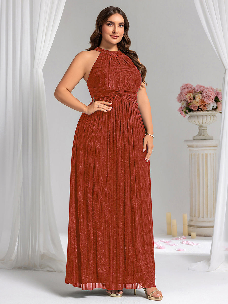 Bodenlanger Halterneck A-Linie Mesh Kleid Mit Tiefem V-Ausschnitt Eleganz Kleid #Farbe_Gebranntes Orange