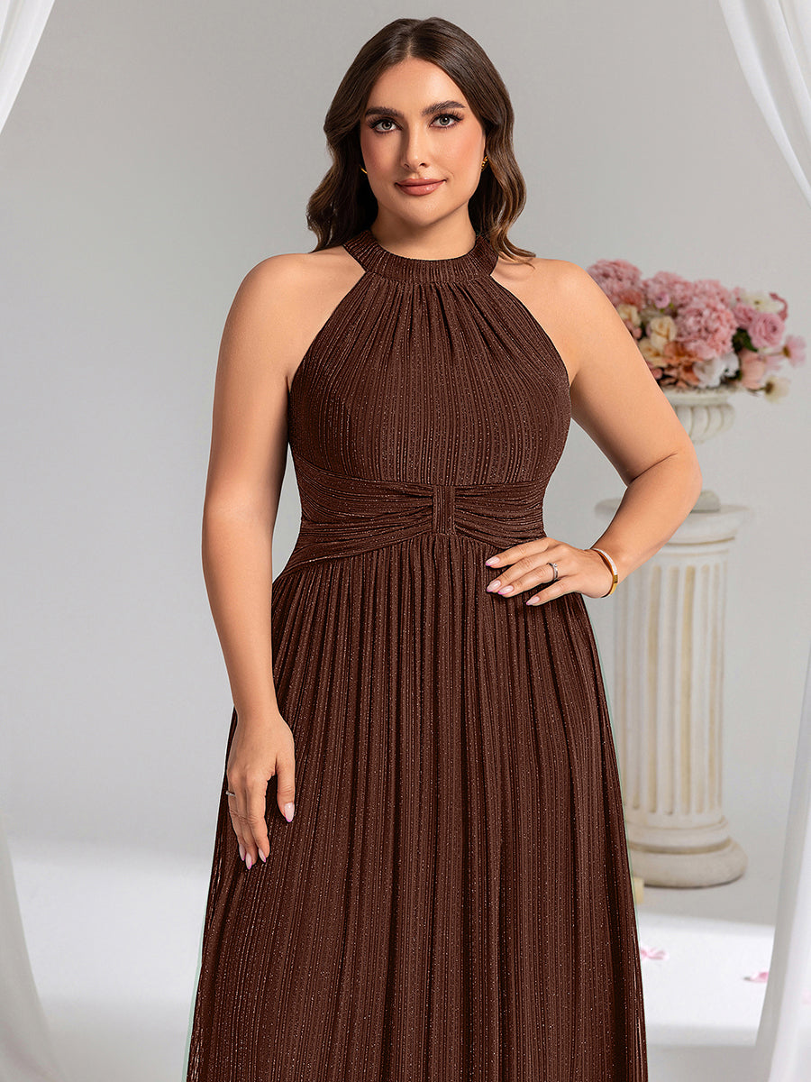 Bodenlanger Halterneck A-Linie Mesh Kleid Mit Tiefem V-Ausschnitt Eleganz Kleid #Farbe_Schokoladenbraun