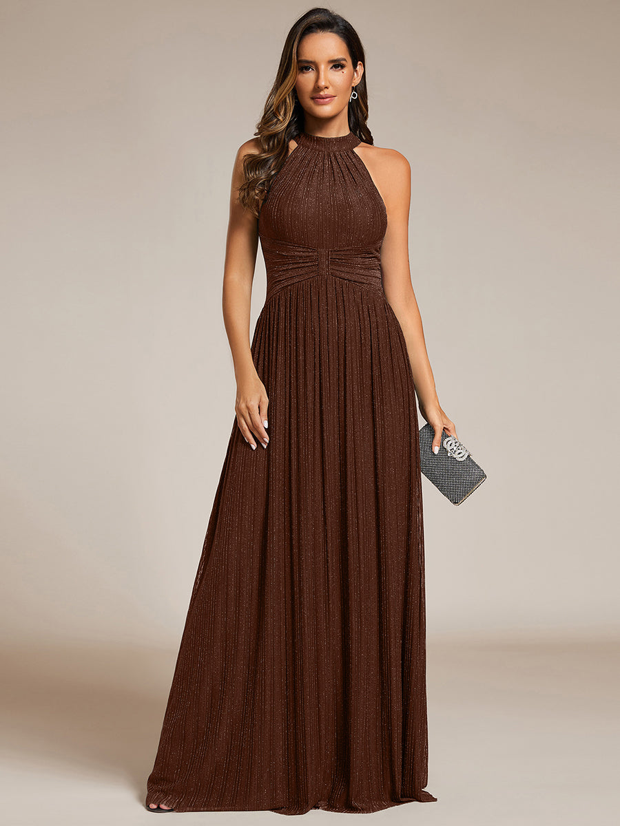 Bodenlanger Halterneck A-Linie Mesh Kleid Mit Tiefem V-Ausschnitt Eleganz Kleid #Farbe_Schokoladenbraun