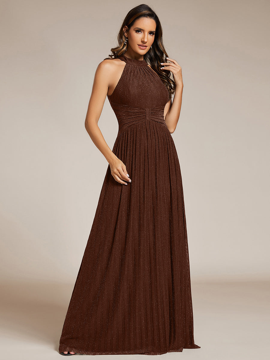 Bodenlanger Halterneck A-Linie Mesh Kleid Mit Tiefem V-Ausschnitt Eleganz Kleid #Farbe_Schokoladenbraun